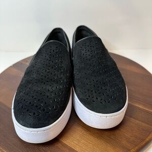 Vionic Kani Slip-On Sneaker Black Laser-Cut Leather Arch Support